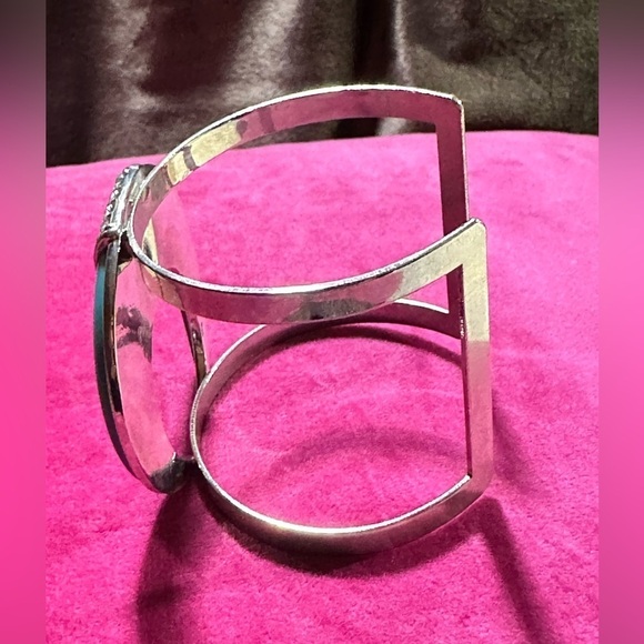 CUFF BRACELET Horn Shape Silver-Tone Pave Crystal Glass Faux Turquoise 5494 P - Picture 3 of 11